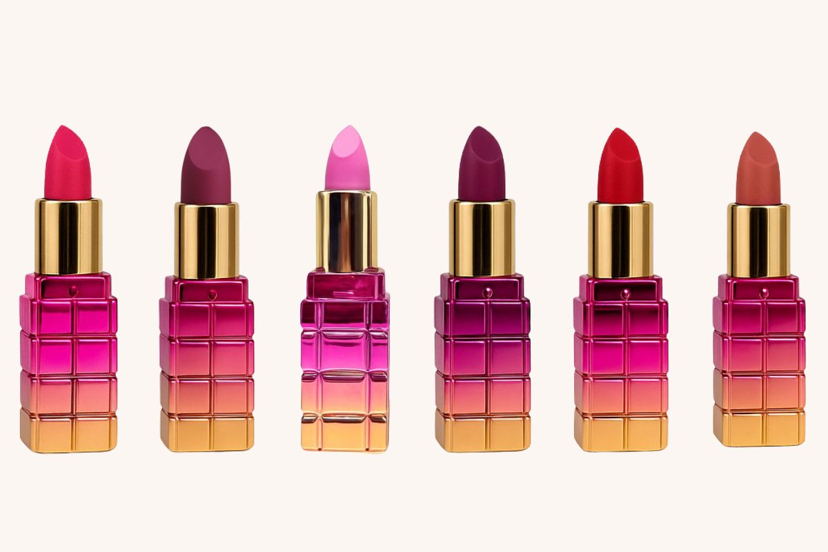 Seis batons Astro Lips Mia Make lado a lado, do pink ao terracota