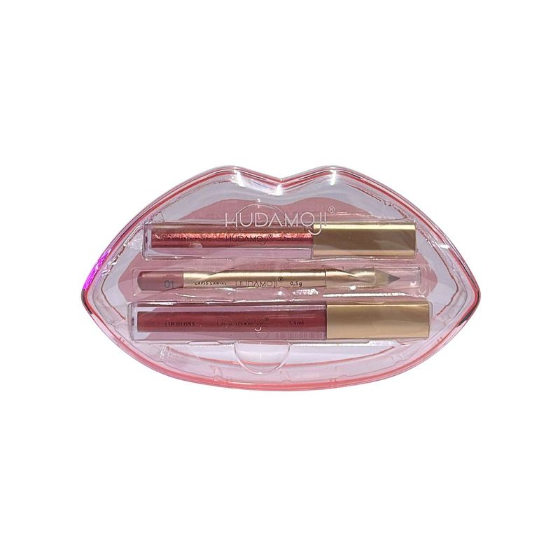 Kit Labial 3 em 1 Hudamoji com gloss, gloss perolado e lápis labial